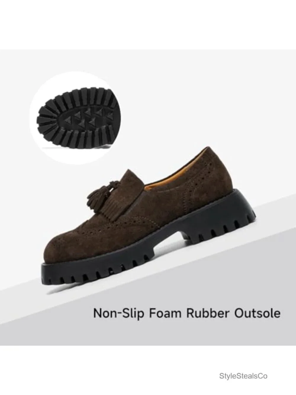 Genuine Cow Suede Chunky Loafers with Tassel Brogue Design - 1.97in Block Heel